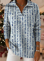 Geometric Floral And Vertical Stripe Cut-out Decorative Pattern Casual Shirt Collar Long Sleeve Sweater