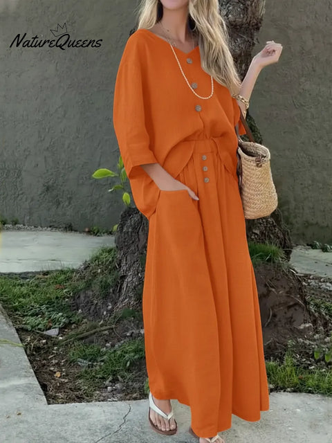 Women's V-neck Button-down Linen Cotton Top And Skirt Two-piece Set