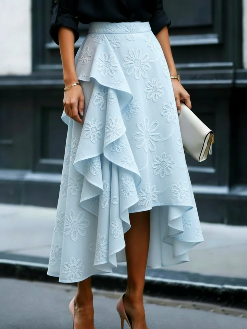 Elegant Romantic Ruffled Hem Floral Embroidery Skirt