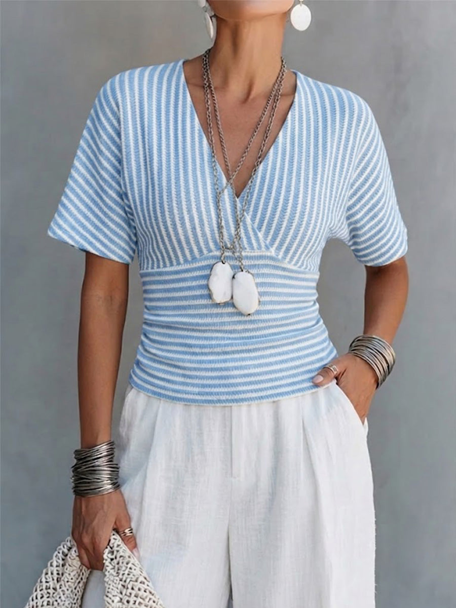 Slimming V-neck Striped Top With Batwing Sleeves And A Fitted Waist