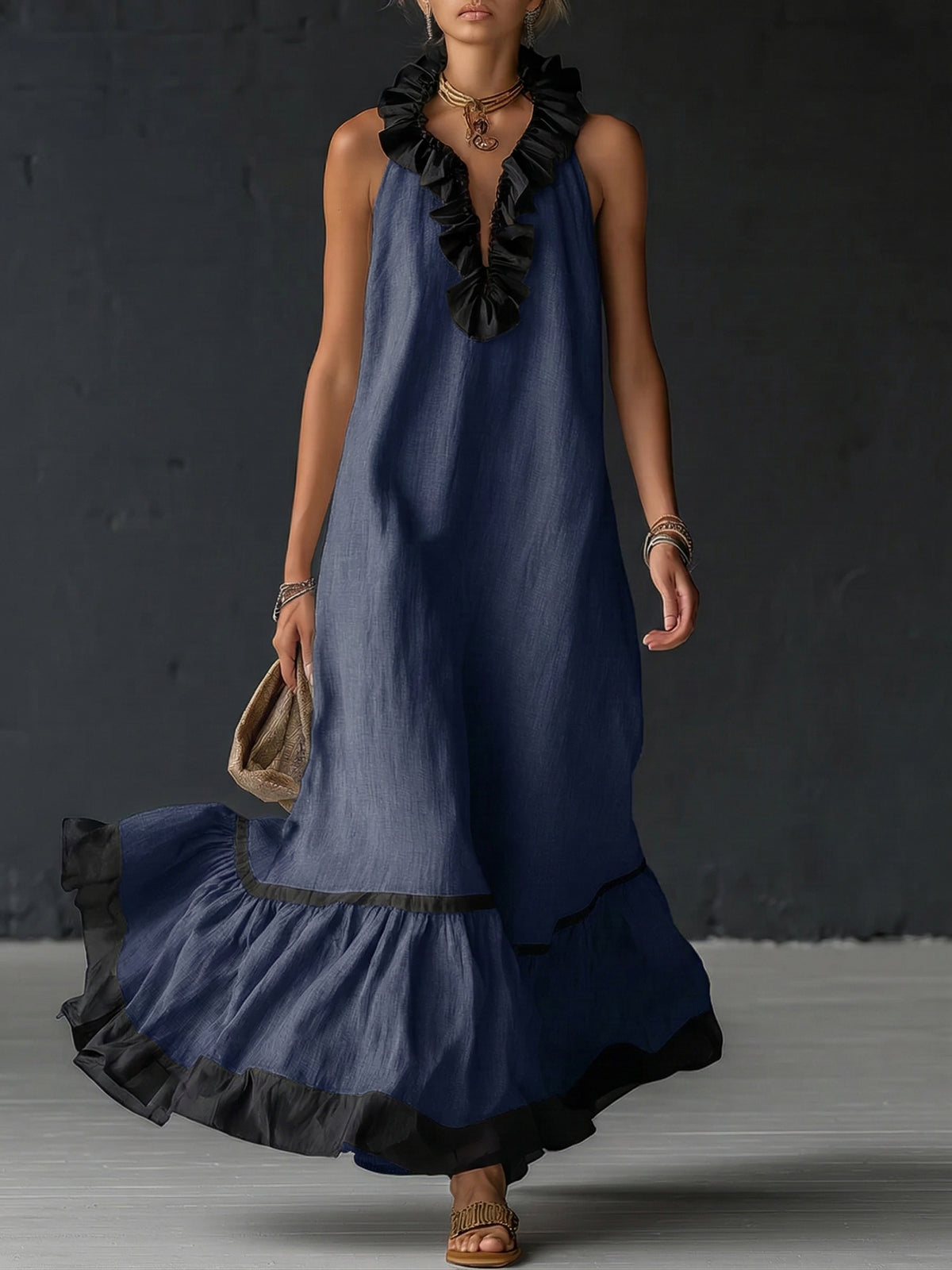 Elegant And Romantic Ruffled Color-blocked Maxi Dress