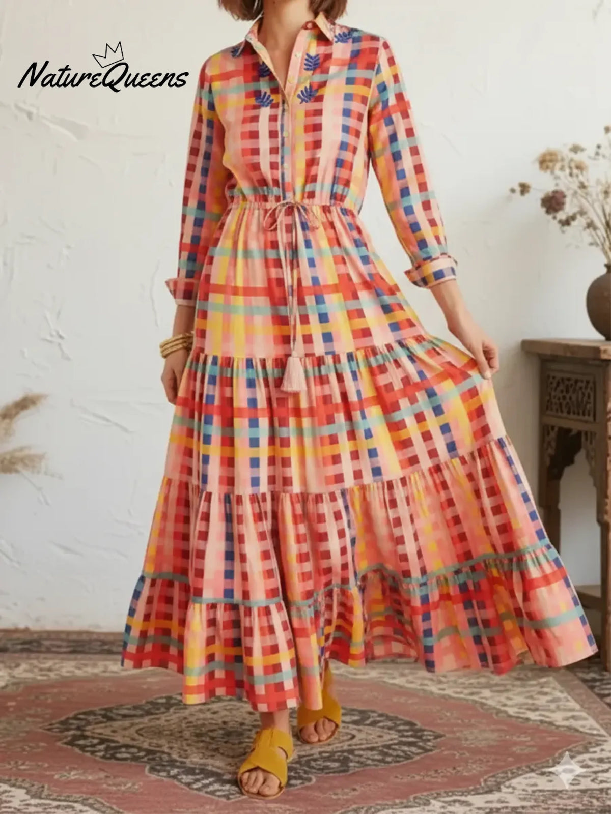 Women's Rainbow Plaid Long-sleeved Cotton Shirt Dress