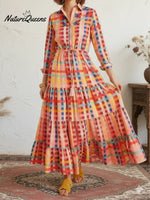 Women's Rainbow Plaid Long-sleeved Cotton Shirt Dress