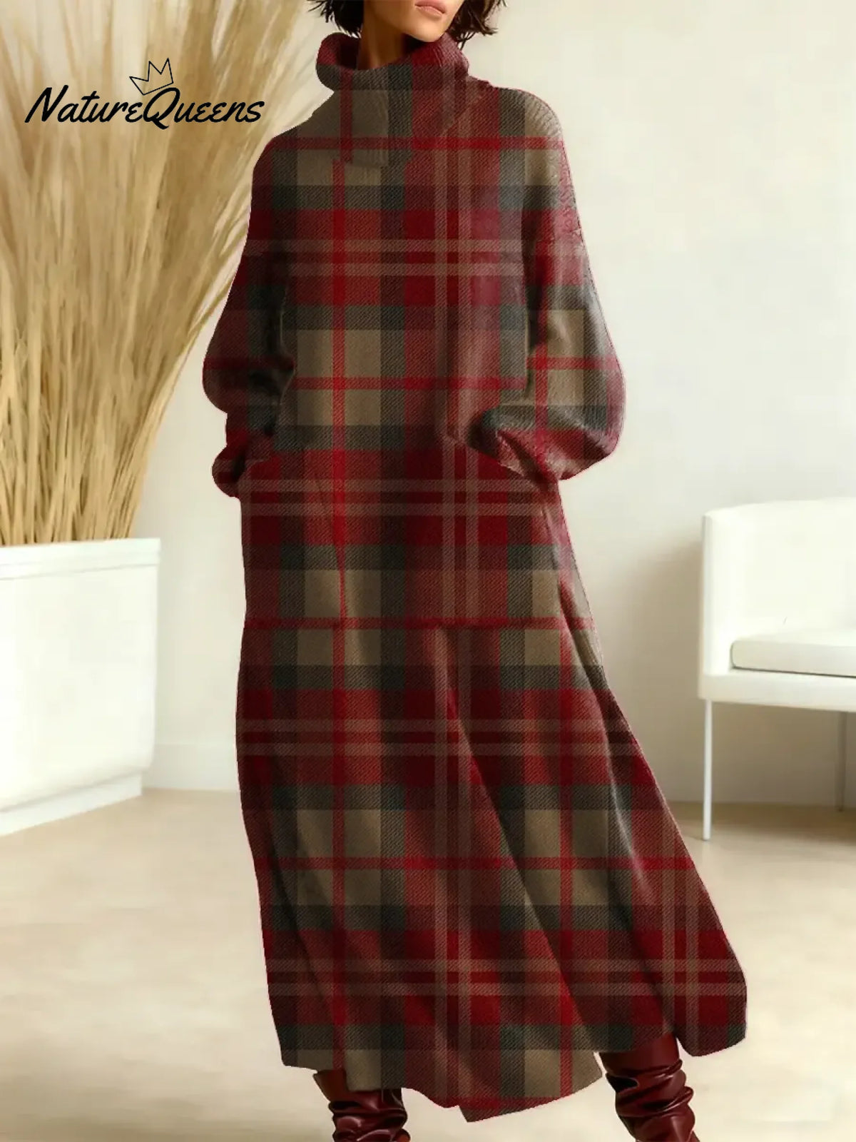 Women's Vintage Plaid Art Print Casual Cotton Knitted Dress