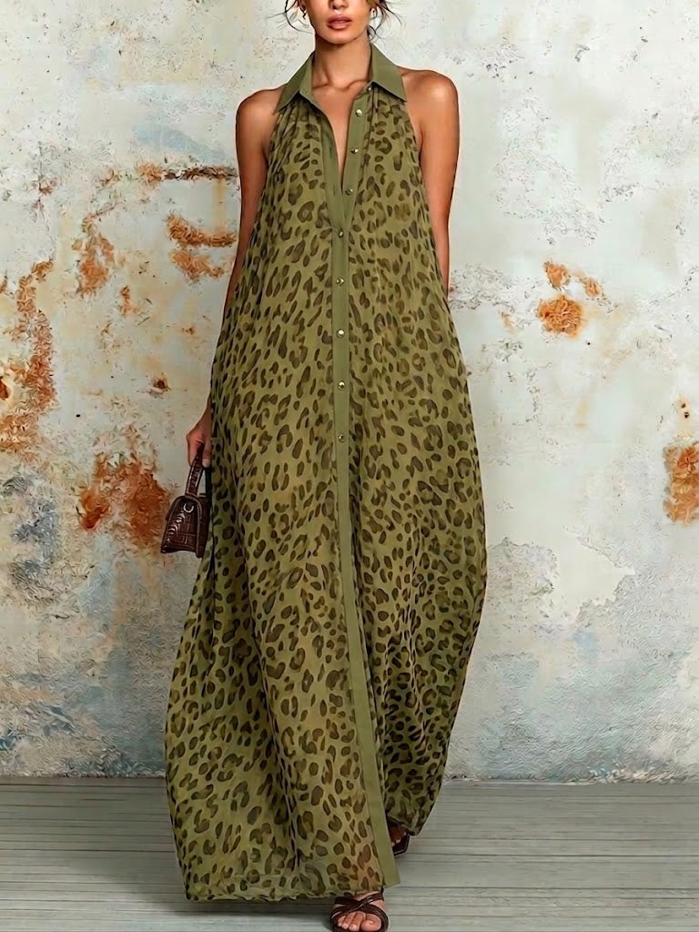 Stylish & Casual Leopard Print Sleeveless Chiffon Maxi Dress