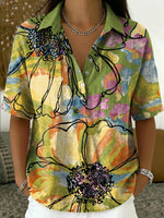 Women's Retro Color-block Floral Art Print Cotton-linen Loose-fit Short-sleeve Collared Shirt