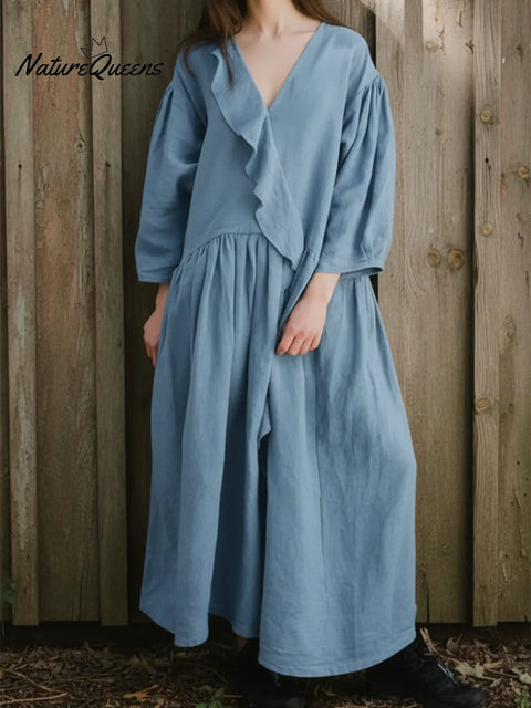 Flowy V-neck Ruffled Loose Linen Dress