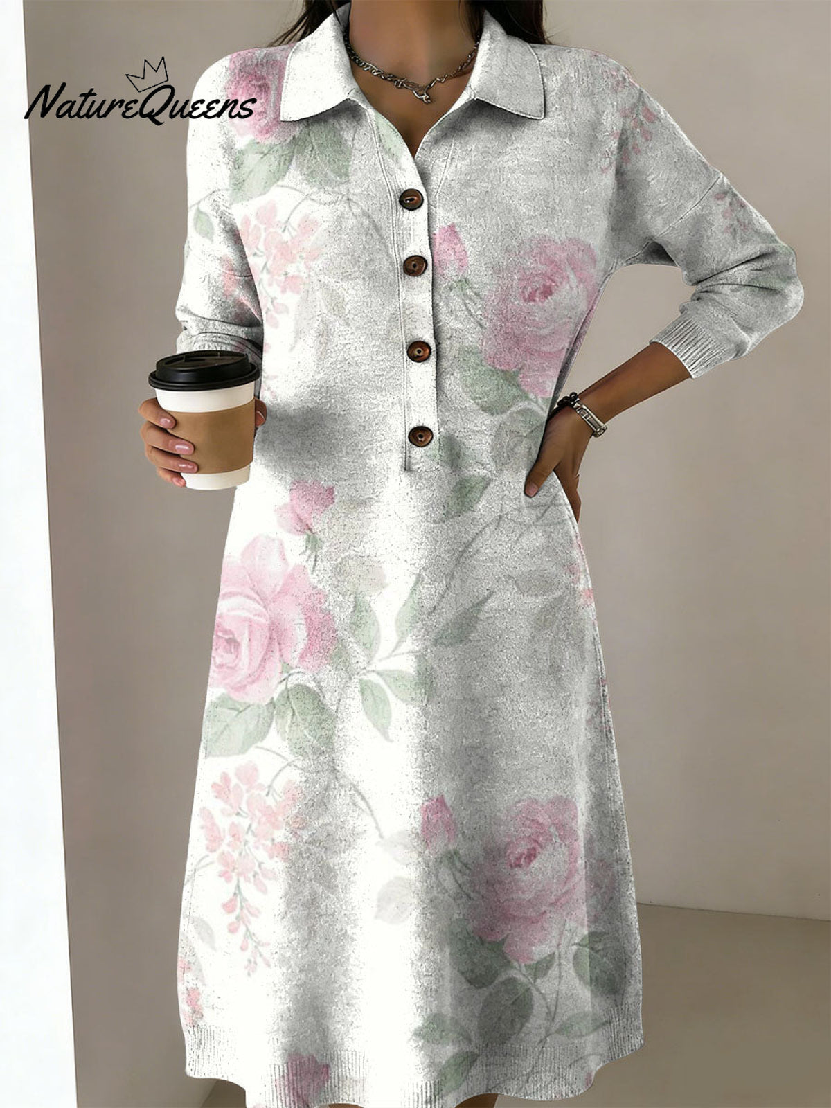 Women's Elegant Floral Decorative Patterns Casual Shirt Collar Long Sleeve Dress