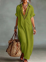 Loose-fitting V-neck Linen And Cotton Dress