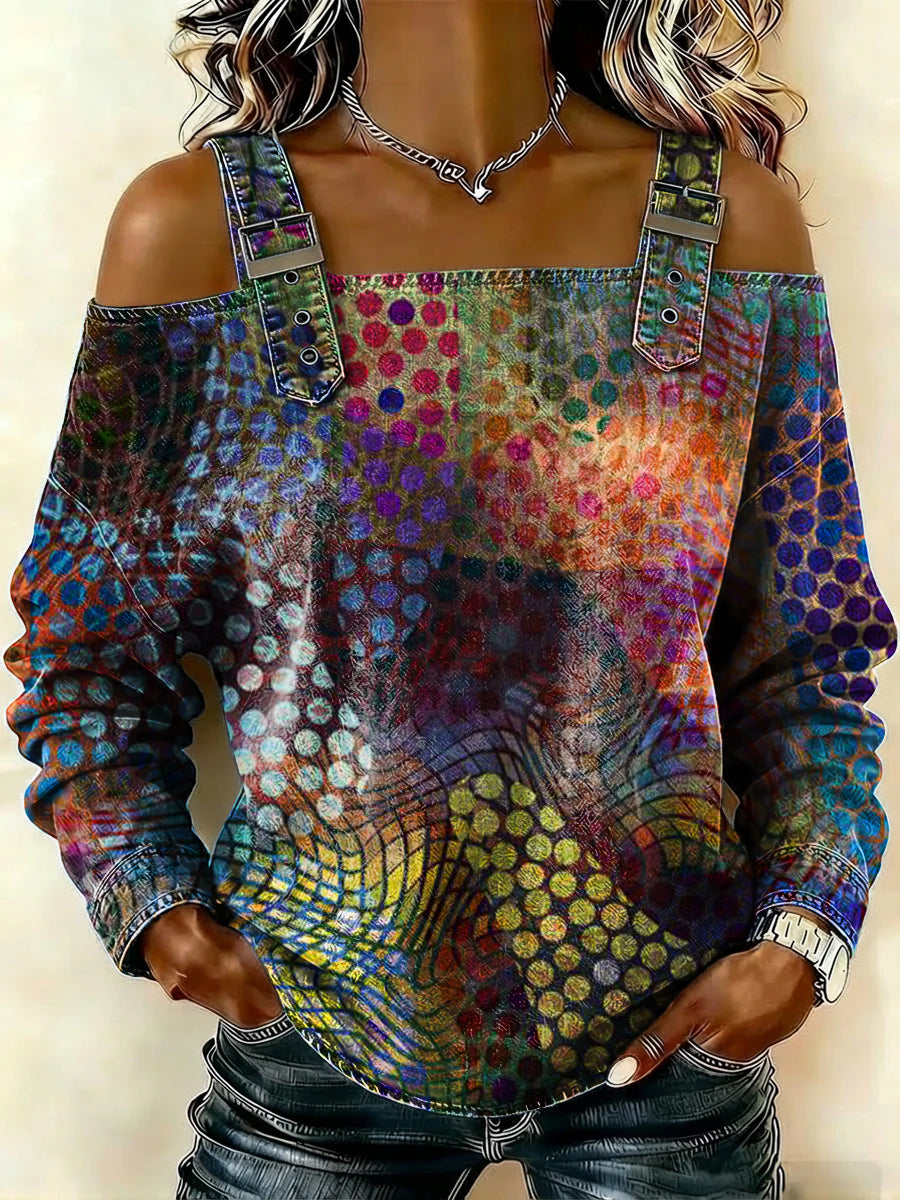 Women‘s Gradient Dots Print Casual Cotton Denim Shirt