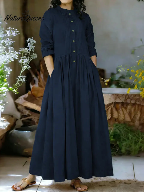 Women's Solid Color Stand-collar Long-sleeved Loose-fitting A-line Cotton Dress