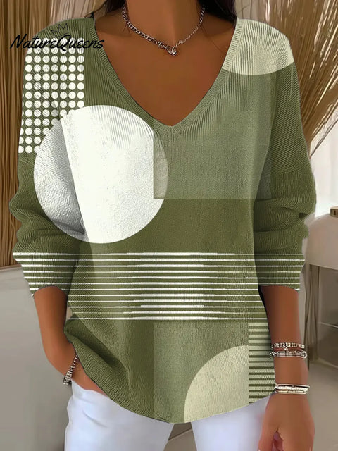 Women's Geometric Pattern Art Print Casual V-Neck Sweater