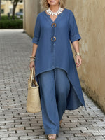 Casual Denim Button Details Top And Wide-leg Pants Two-piece Set