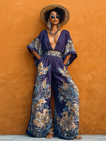Boho Floral Print V-neck Wide-leg Jumpsuit