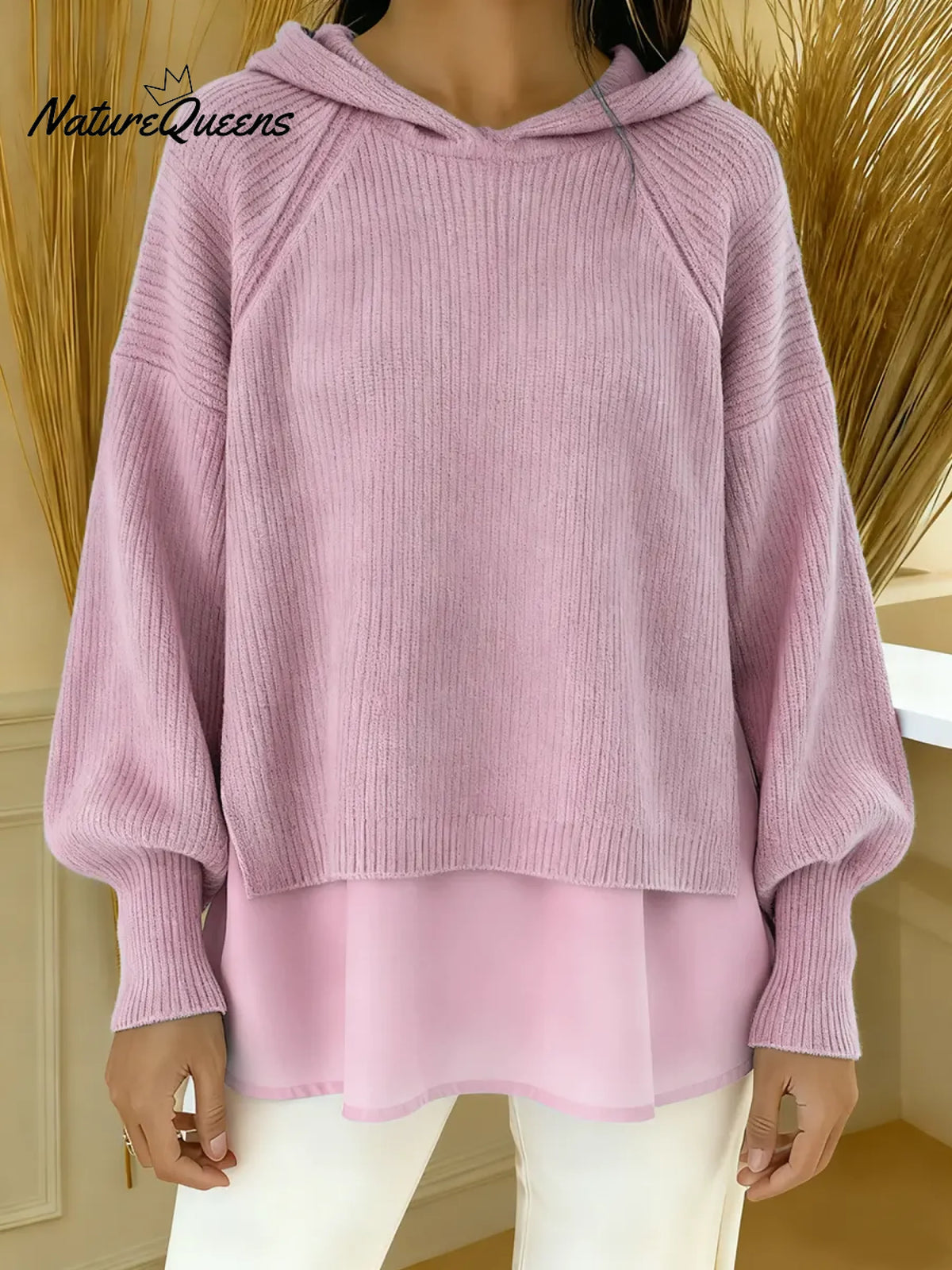 Women's Solid Color Patchwork Long Sleeve Casual Loose Hooded Sweatshirt