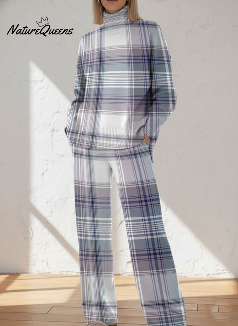 Geometric Grid Decorative Pattern Casual Stand Collar Long Sleeve Top And Casual Long Pants