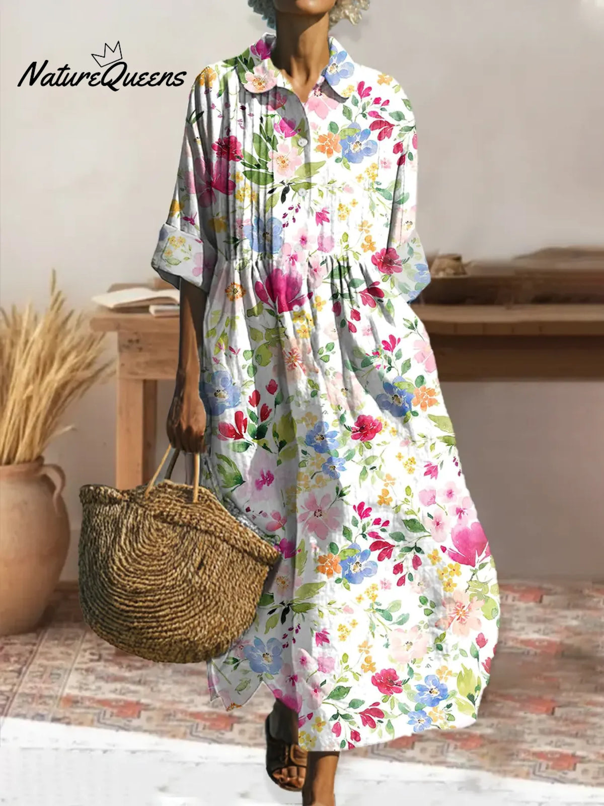 Women's Retro Floral Art Print Pleated Peter Pan Collar Casual Dress