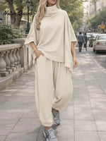 Women's Solid Color Stand-collar 3/4 Sleeve Casual Loose Knit Top And High-waisted Casual Loose Wide-leg Pants Set.