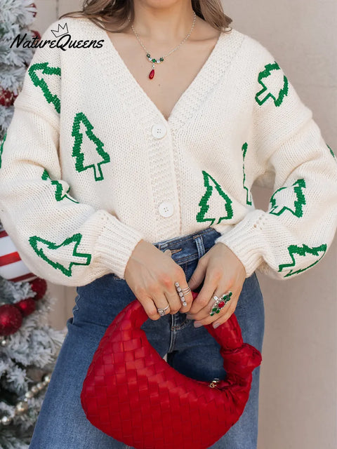 Christmas Tree Print Buttoned V-neck Cardigan Sweater