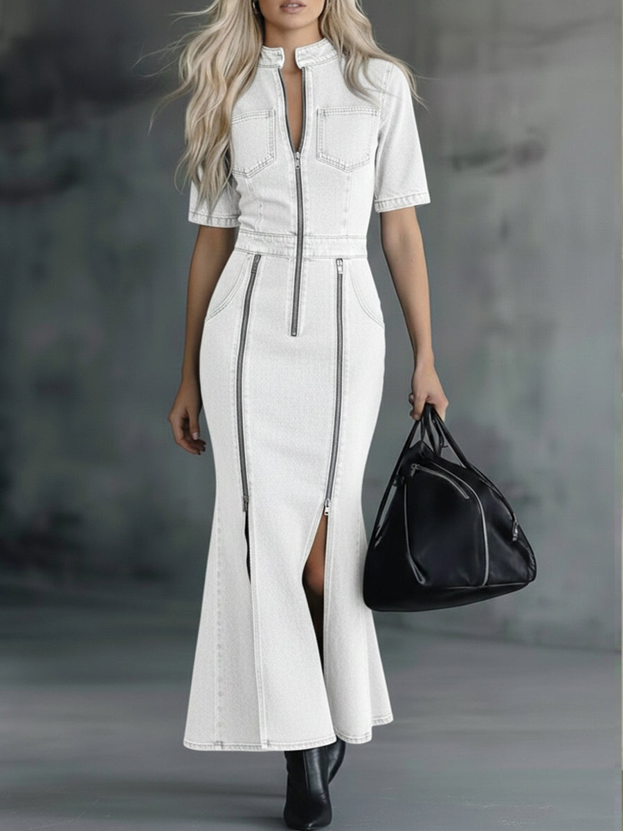 Casual Zippered Denim Fishtail Dress