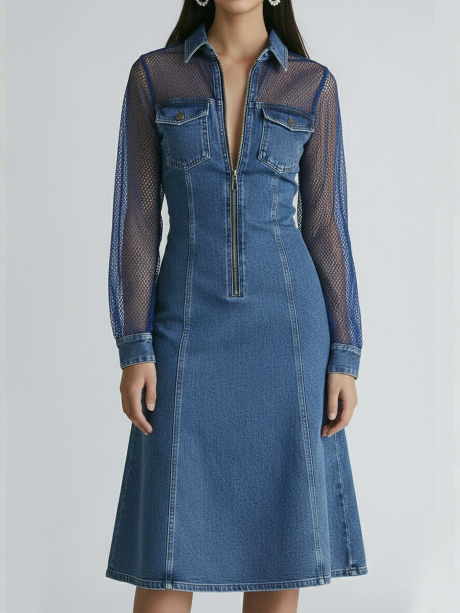 A Stylish Denim Dress With Mesh Sleeve Paneling.