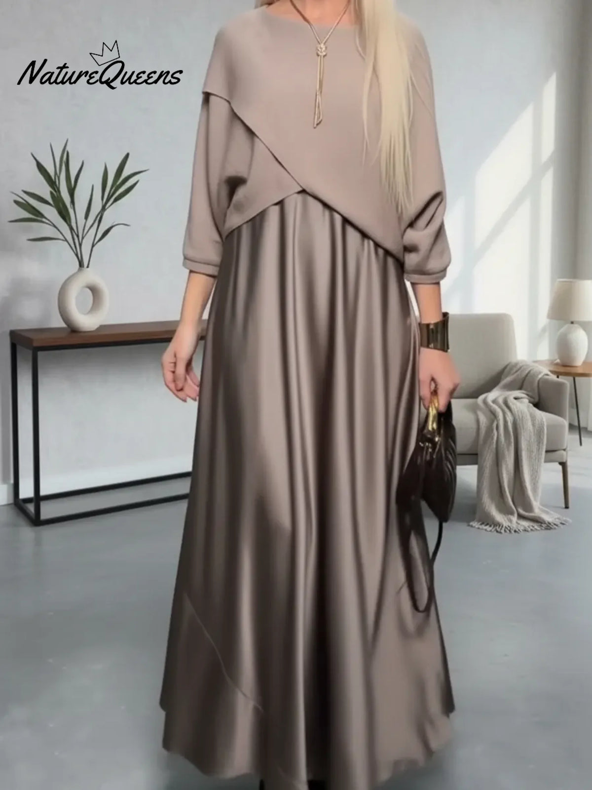 Elegant Cozy Knit Top And Satin Dress Two-piece Set