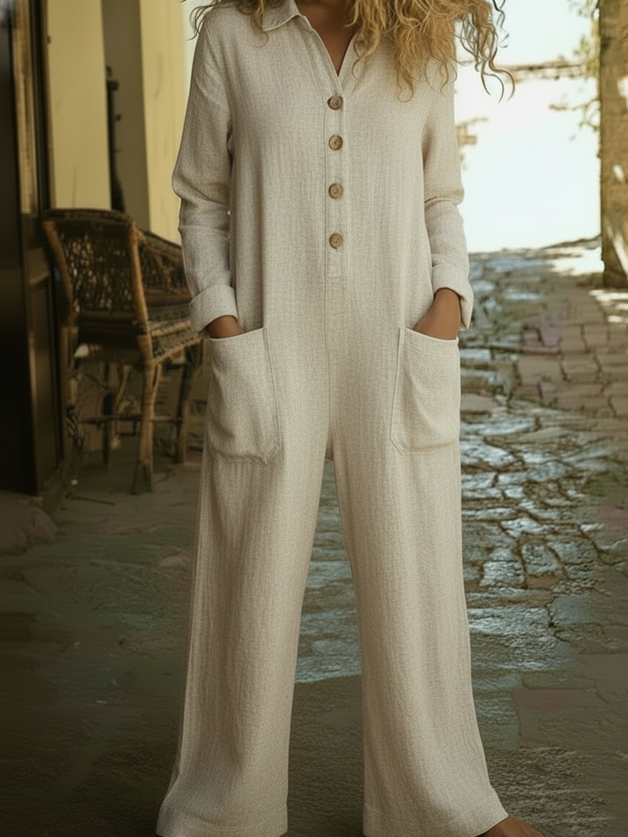 Casual Polo Collar Button-up Linen Jumpsuit