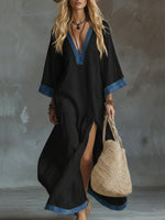 Loose And Cozy Patchwork Denim Dress With Contrasting Trim.