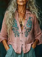 Heavily Embellished Floral-embroidered Cotton-linen Shirt With Lapel Collar And Front Opening