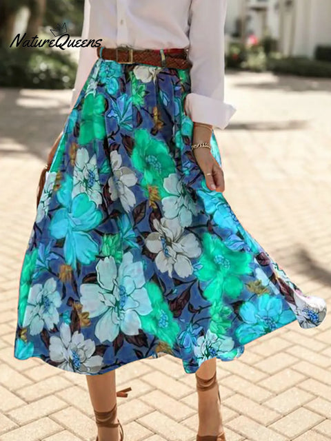 Women's Retro Floral High-Waisted Casual Loose A-Line Skirt