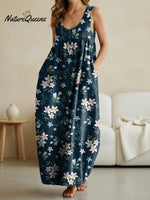 Women's Flower Art Print Casual Loose Denim Vest Dress