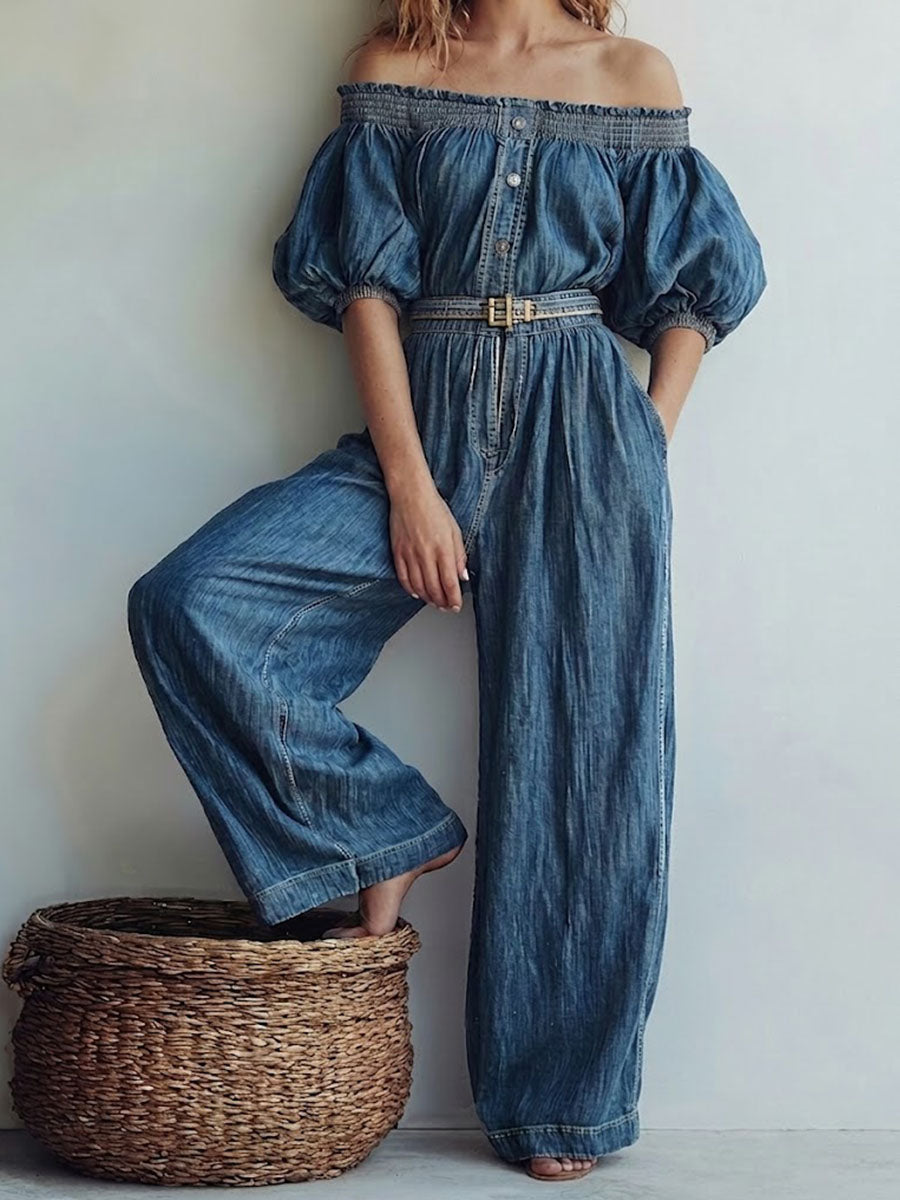 Women's Off-shoulder Fitted Denim Jumpsuit