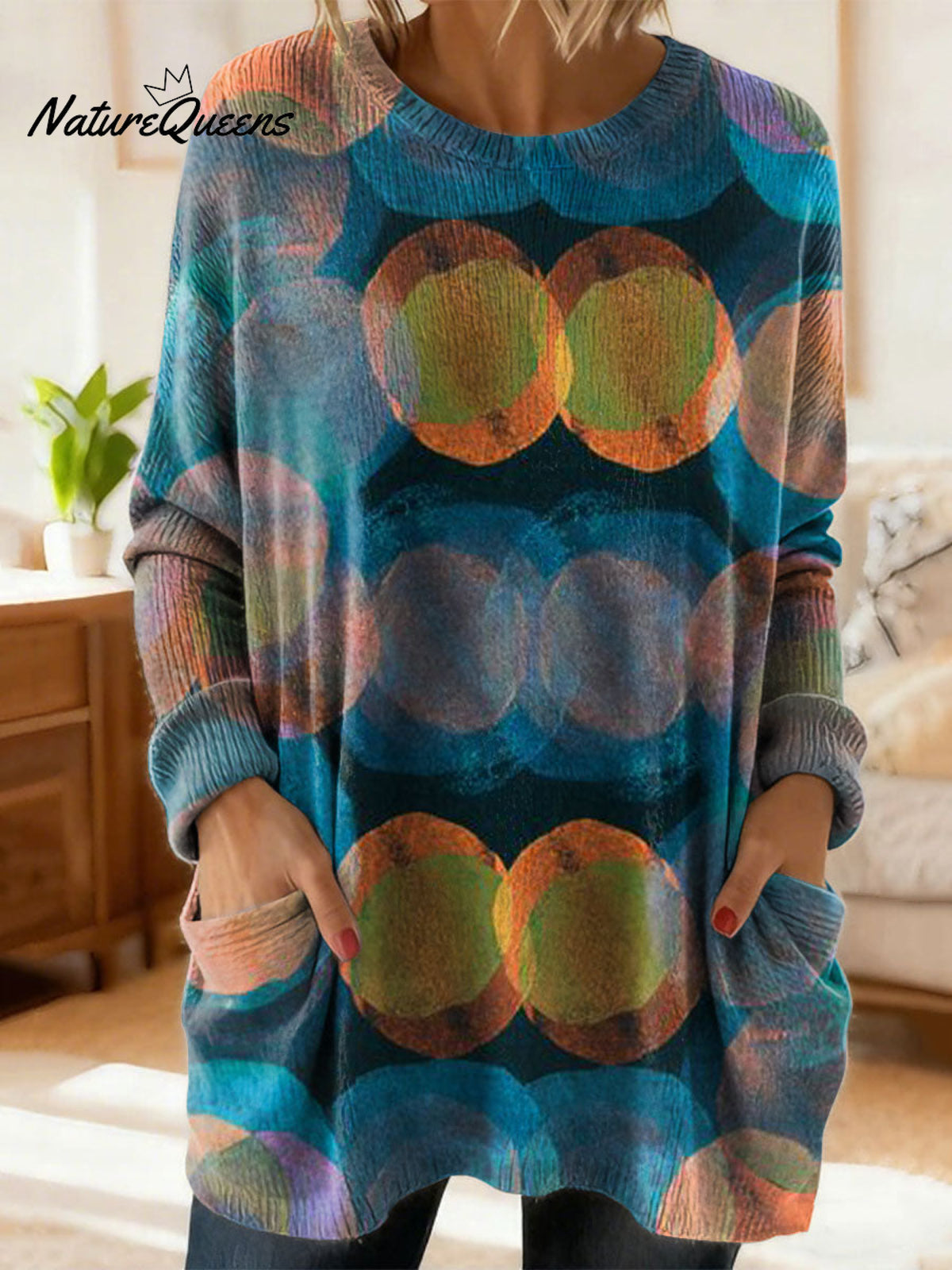 Women's Retro Abstract Pattern Art Print Casual Cotton Knitted Sweater