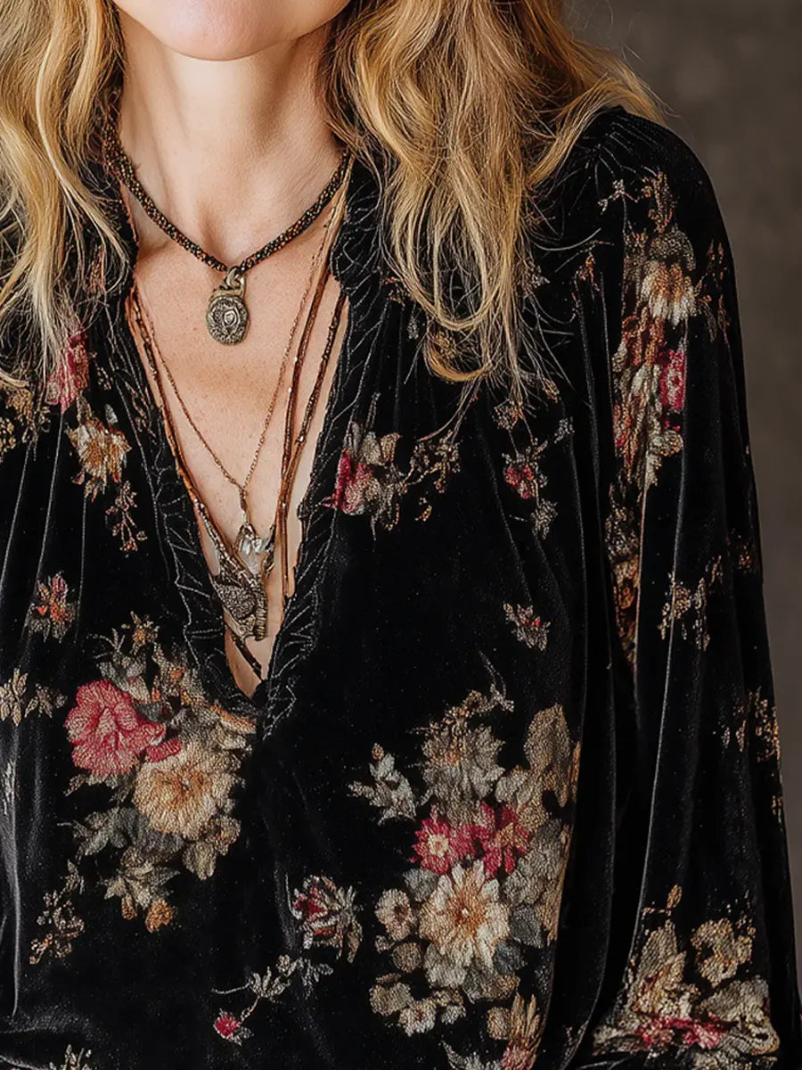 Women's Retro Floral Art Casual Ruffled Velvet Long Sleeve Shirt