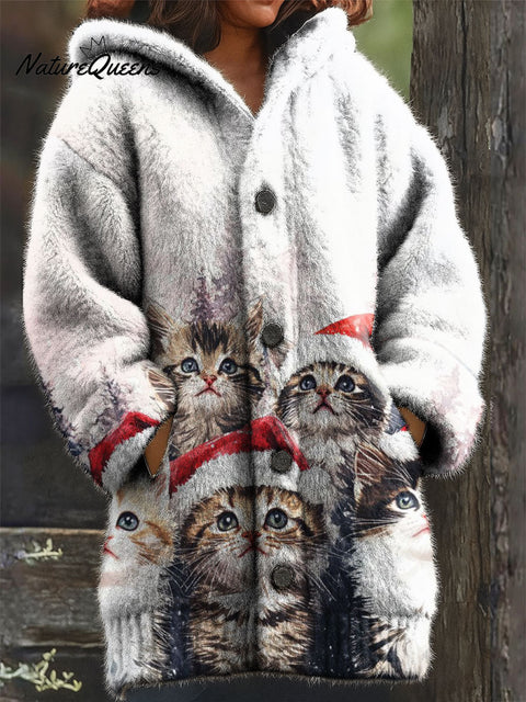 Women's Retro Christmas Snow Cute Animals Cat Pattern Art Print Casual Plush Warm Coat