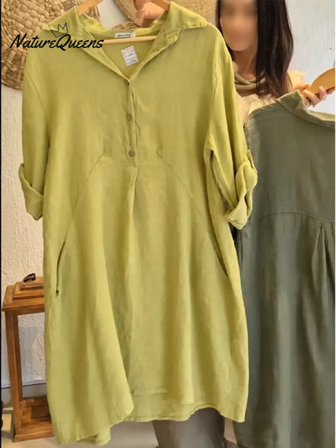 Women's Casual Long-Sleeved Cotton Linen Dress