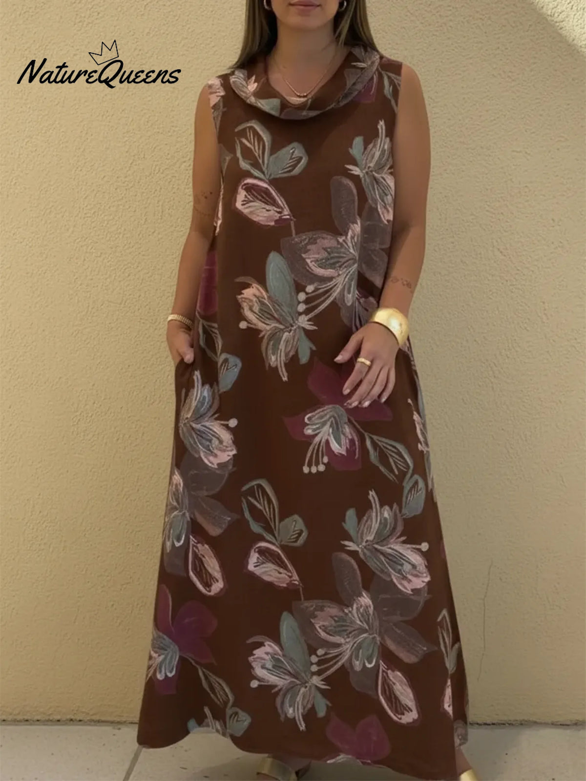 Blooming Lily Print Draped Collar Midi Dress