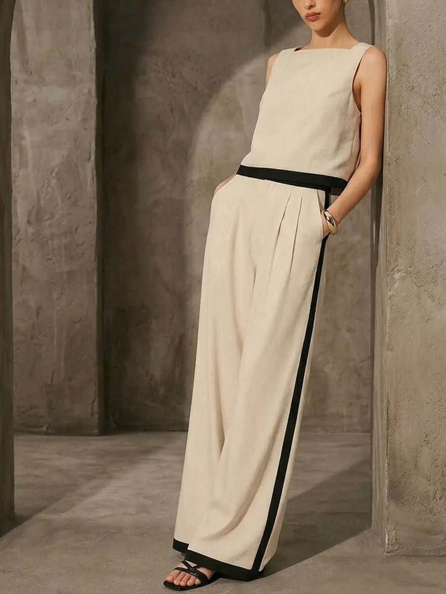 Linen & Cotton Contrast Binding Pant Set