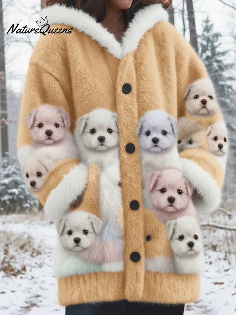 Winter Forest Cute Puppy Mink Fleece Button Coat