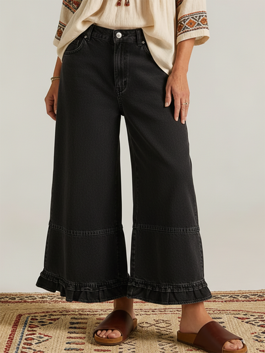 Casual Cozy Ruffled Details Denim Wide-leg Pants
