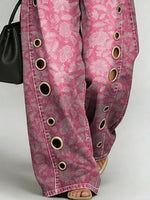 Women's Retro Flower Print Casual Fashion Cutout Jeans