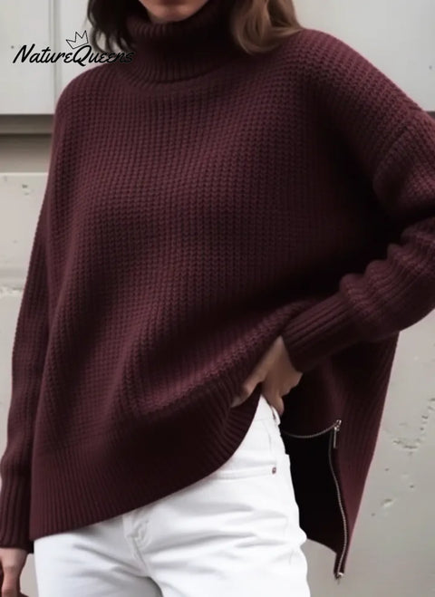 Casual Turtleneck Sweater Top With Side Zipper