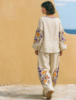 Boho Vintage Bouquet Print Loose Cotton Linen Two-piece Set