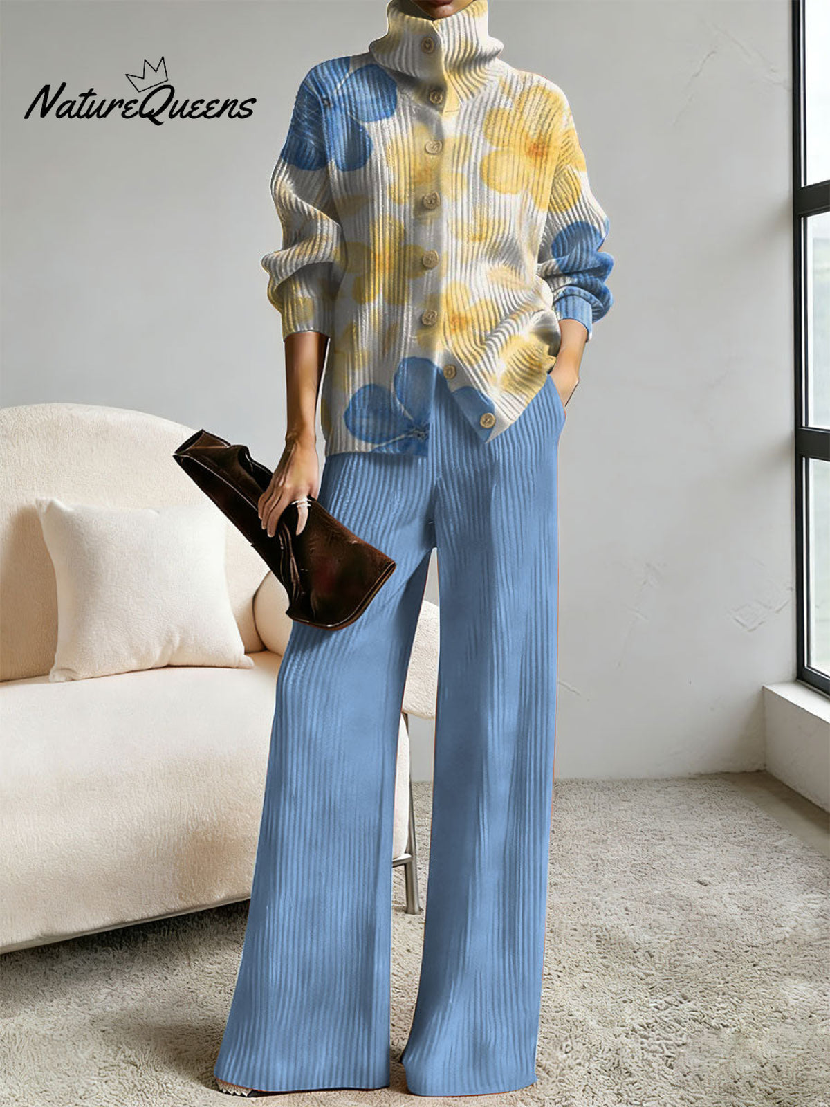 Women's Floral Pattern Art Print Casual Cotton Knitted Suits