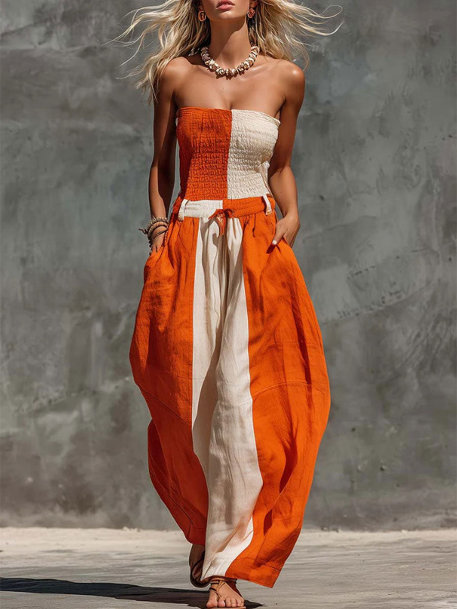 Women's Contrasting Orange And Ecru Off-the-shoulder Cotton-linen Jumpsuit