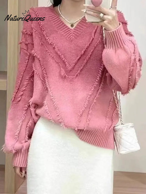 Women's Fashion Gradient V-neck Tassel Sweater