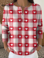 Women's Retro Plaid Heart Art Print Valentine's Day Casual Sweater
