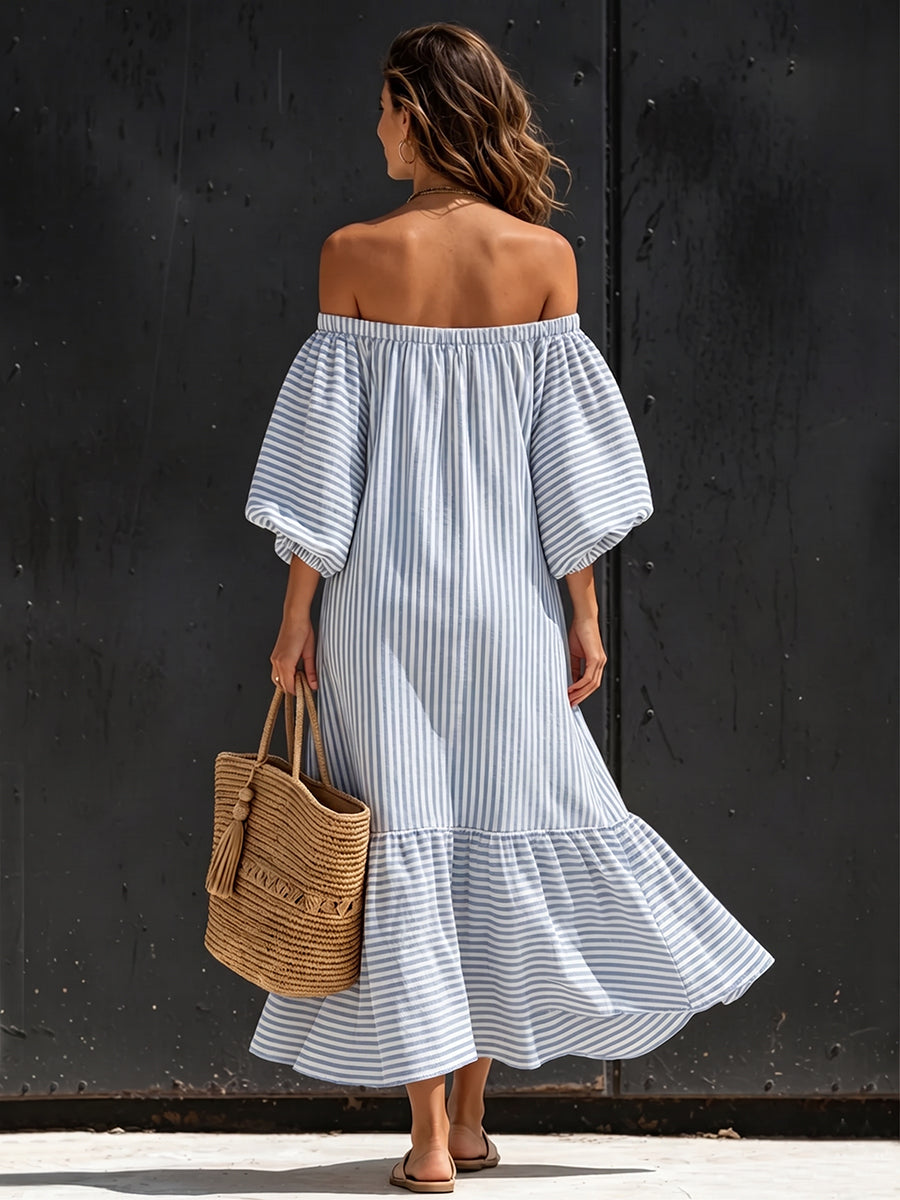 Elegant Striped Off-shoulder Cotton Dress With Lantern Sleeves