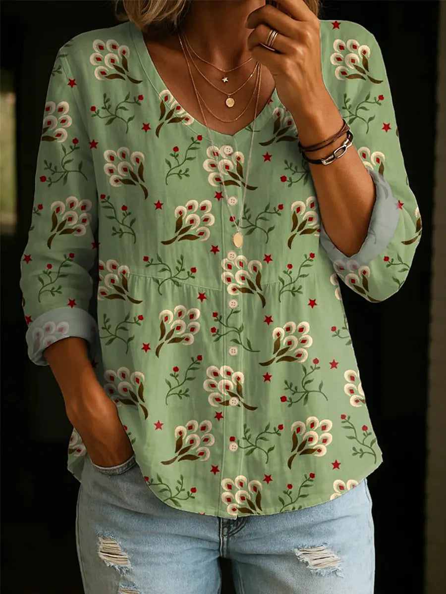 Women's Floral Pattern Art Print Casual Cotton Shirt