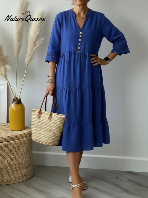 Women's Cotton And Linen Dress With Lace-paneled Sleeves.
